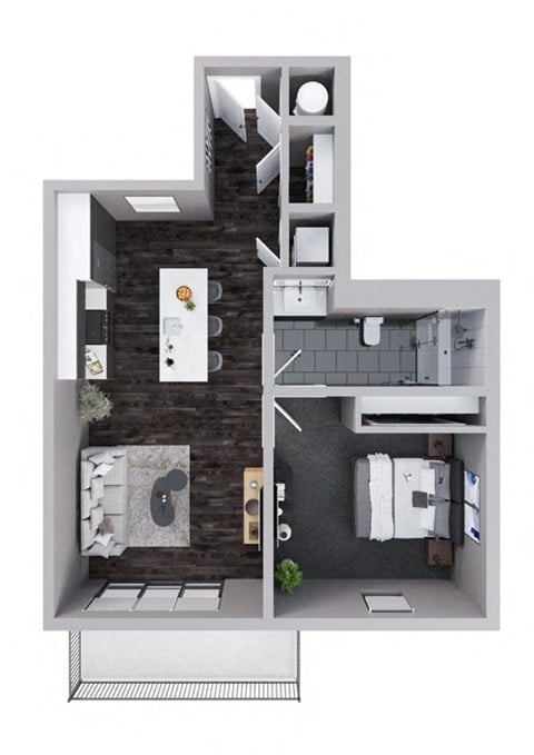 Floor plan for 1 bed, 1 bath, 822 sqft